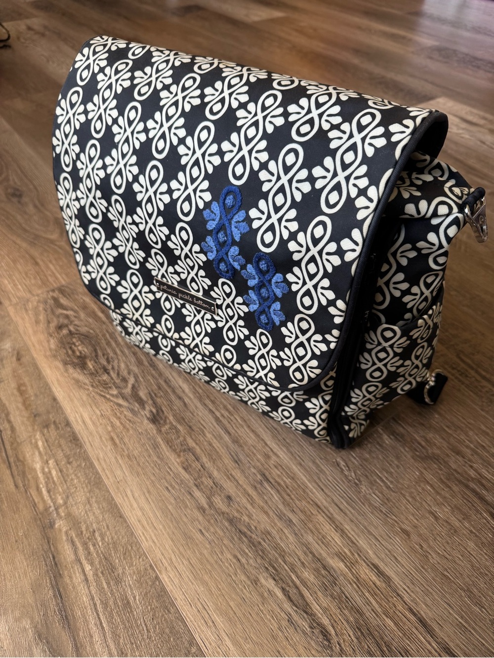 Petunia Pickle Bottom Black and White Patterned Messenger with Blue Accent